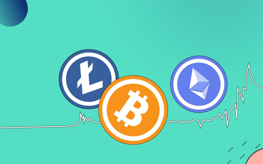 Bitcoin, Ethereum and Litecoin coins on a green backgroundBuy Cryptocurrency