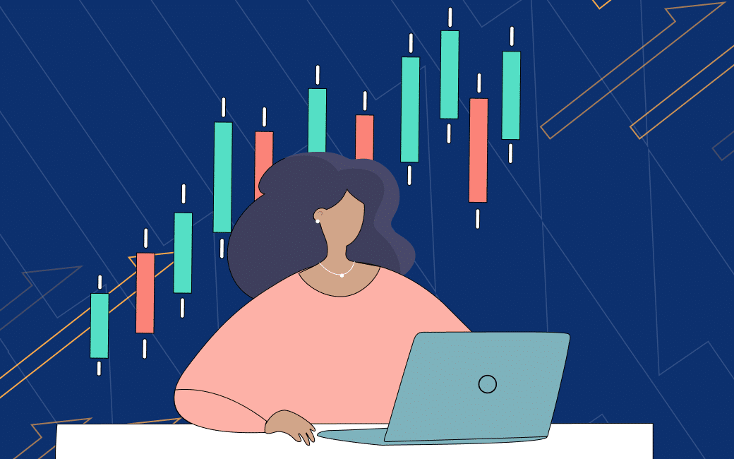 Woman sitting at a desk witha trading chart behind her Best Online Broker With high Leverage