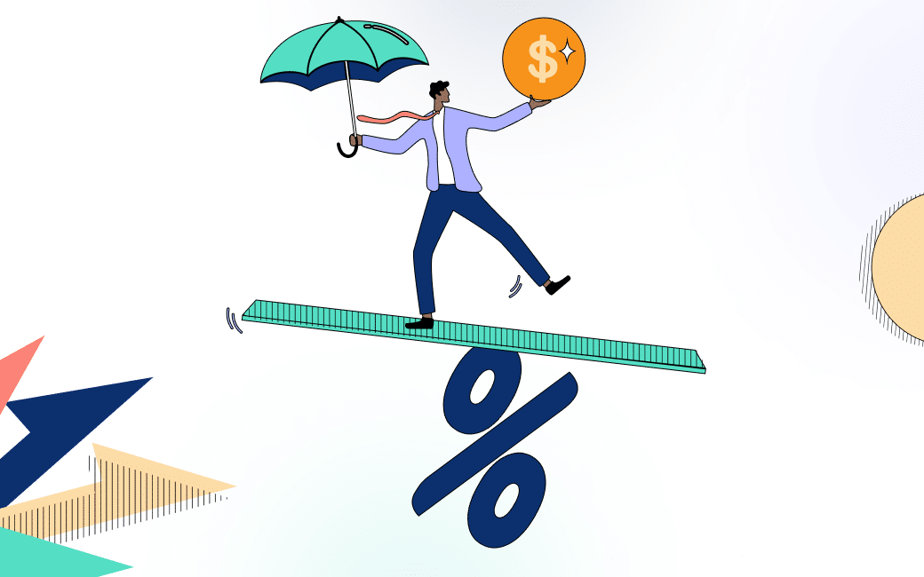 male figure balancing umbrella and dollar sign with a percentage symbol underneathSwing Trading Strategy 2021