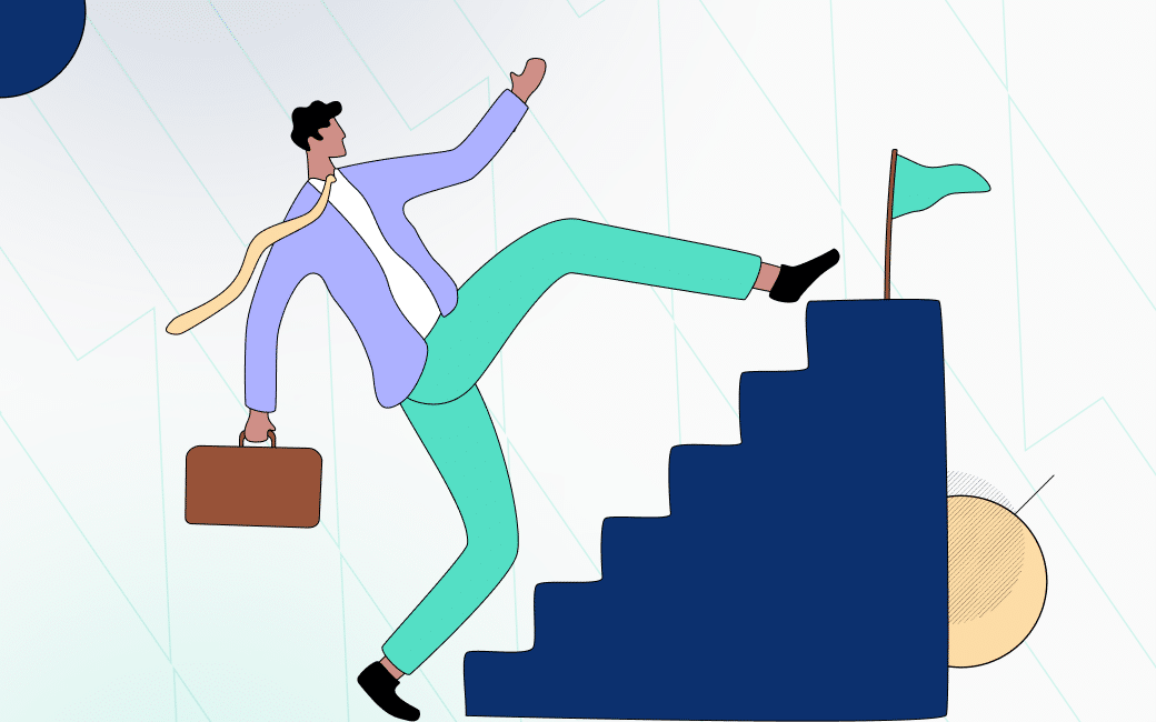 vector image of a person climbing up the stairs towards a flag on a blue white backgroundBest Online Broker for Beginners