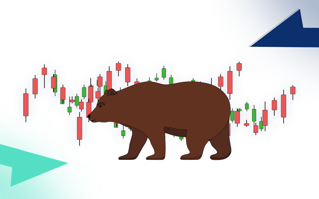 A brown bear waking in front of a candle chart on a white background -How To Trade In A Bearish Market