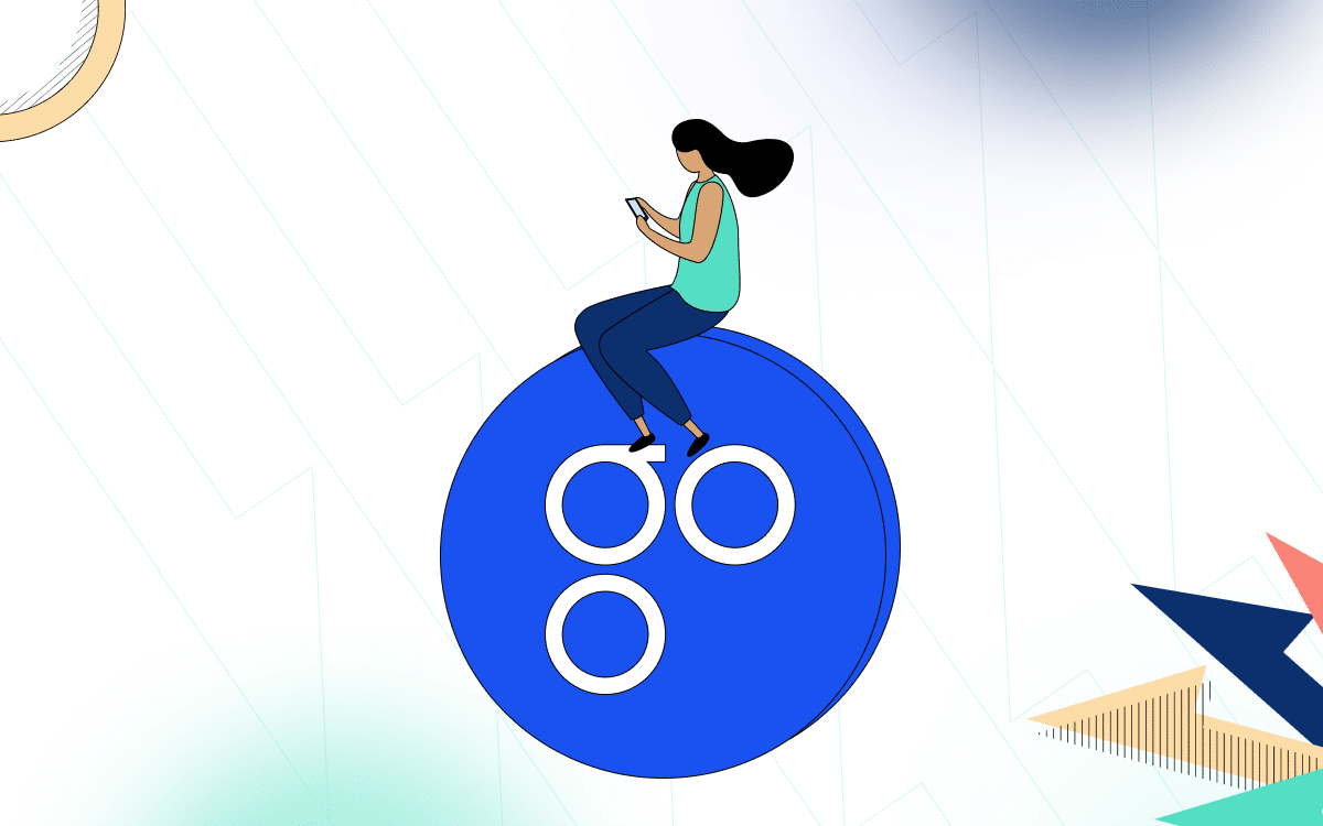 Female figure with phone in her hand sitting on a blue ball with the word GO on it -OmiseGo Cryptocurrency - What You Should Know & How To Invest